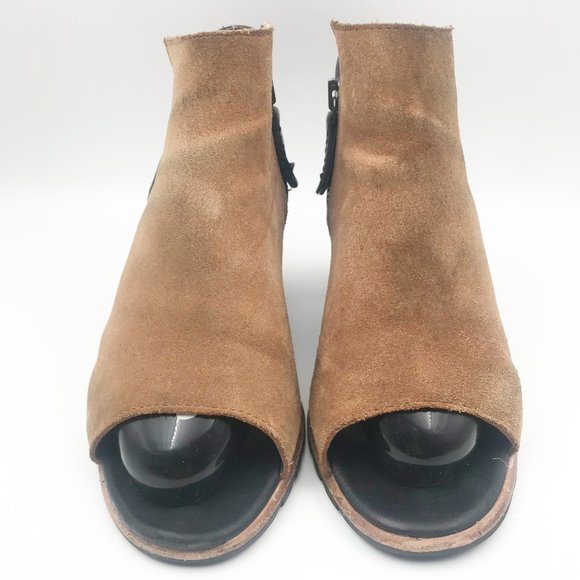SOREL Nadia Peep Toe Suede Tan Black Block Heeled Ankle Booties Womens 8.5 - Picture 2 of 13
